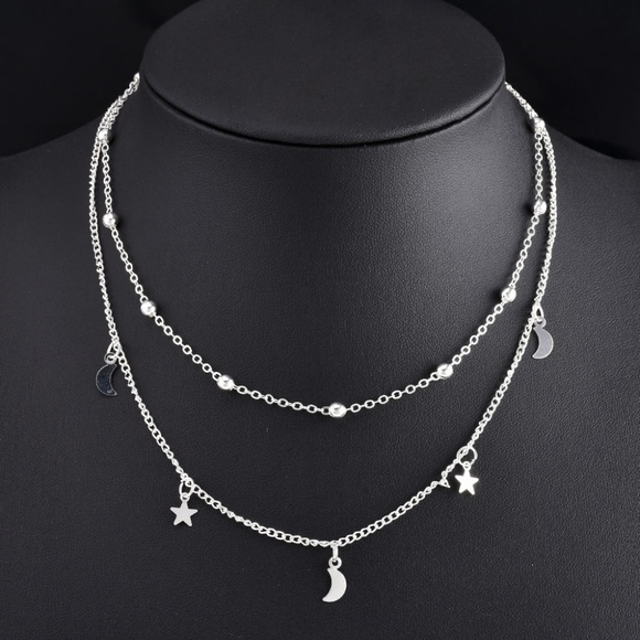 Silver Layered Moon & Stars Bib Choker Necklace - Picture 2 of 6